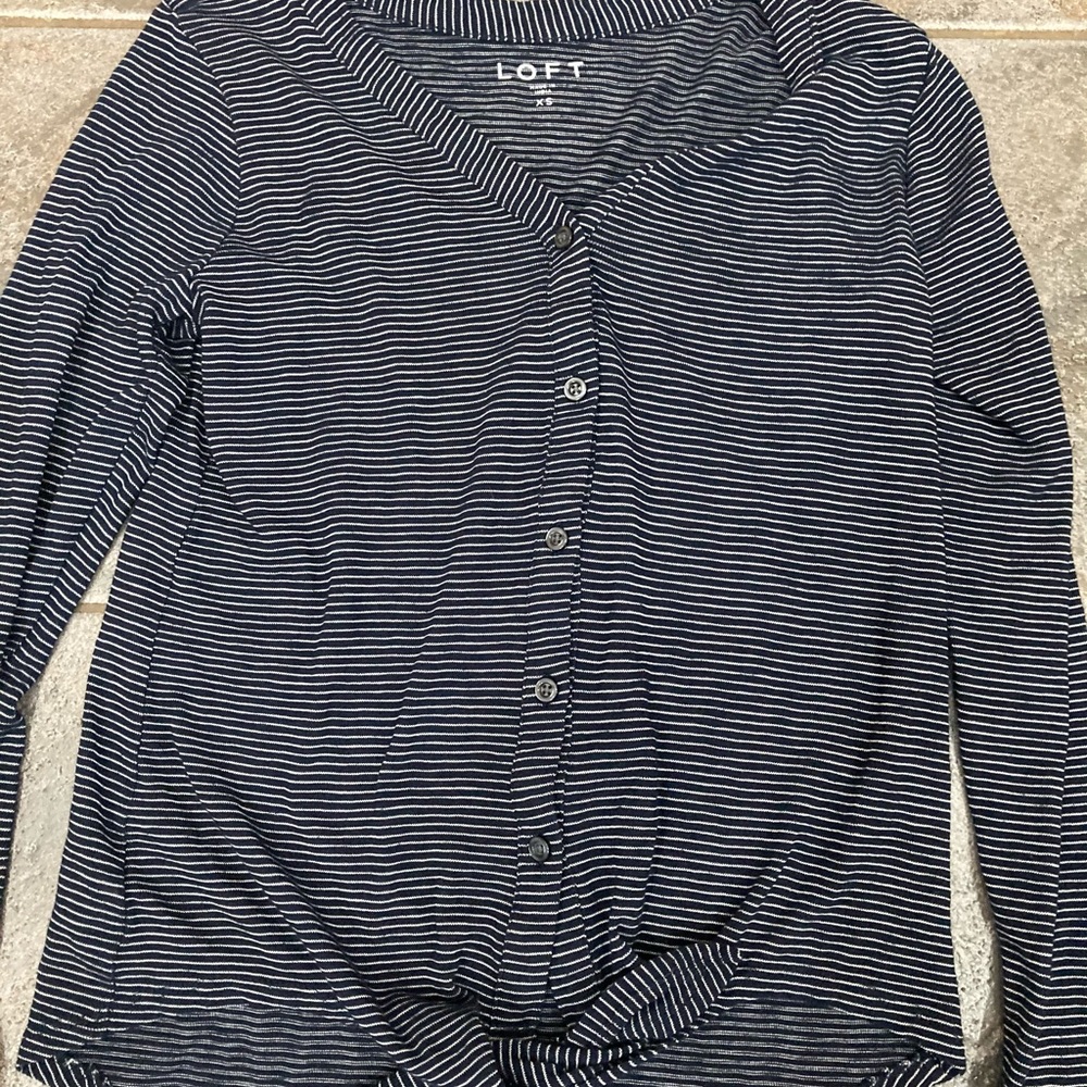 Ann Taylor Loft Black and White Striped Tie Shirt
